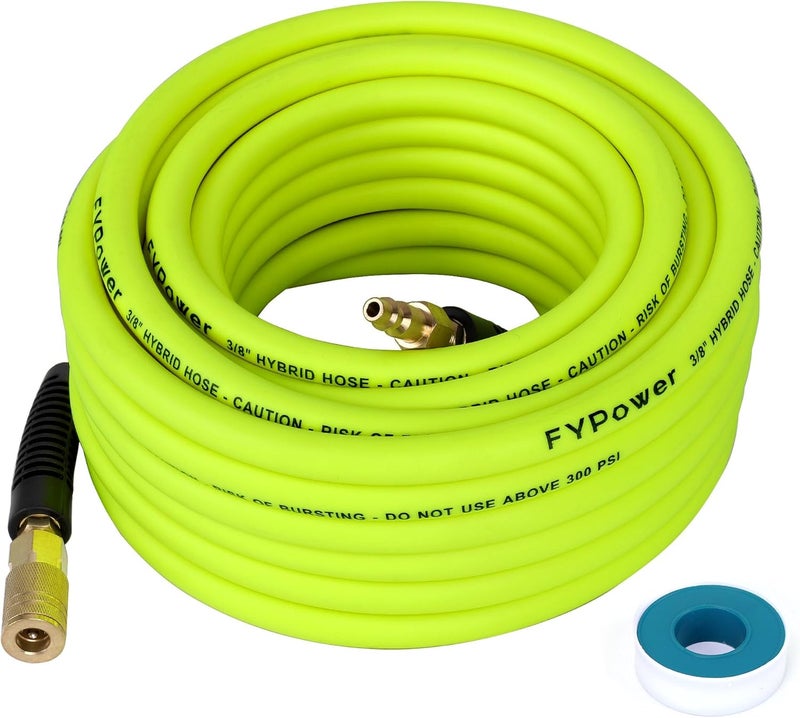 FYPower Air Compressor Hose 3/8 Inch x 50 Feet Hybrid Hose with Fittings, Flexible and Kink Resistant, 1/4" Industrial Quick Coupler and Plug Kit - Green - Image 1